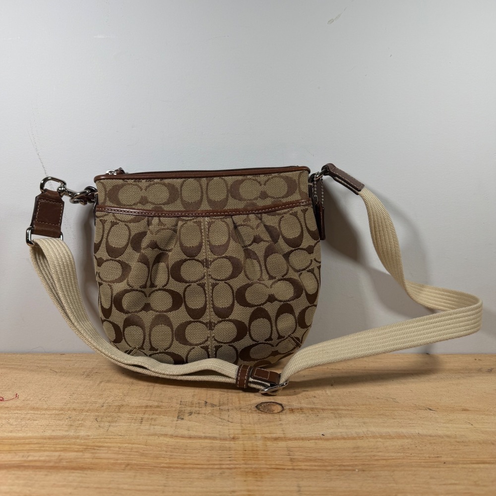 Coach Crossbody Bag Womens Small Brown Signature Canvas Leather Trim Messenger